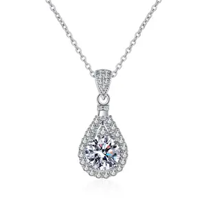 1CT 2CT 925 Sterling Silver Platinum Plated Fashion Jewelry Choker D color Pear shaped VVS Moissanite Diamond Pendant Necklace