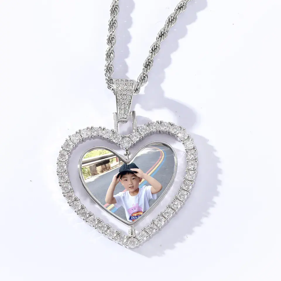 Custom Heart Photo Rotate Memory Pendant Micro Paved CZ 14k Brass Sublimation Blank Picture Necklace Jewelry For Men and Women