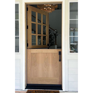 Porte d'entrée en bois massif de style ferme Qifan avec panneau en verre et quincaillerie noire, porte extérieure battante, surface finie - Product Image 1