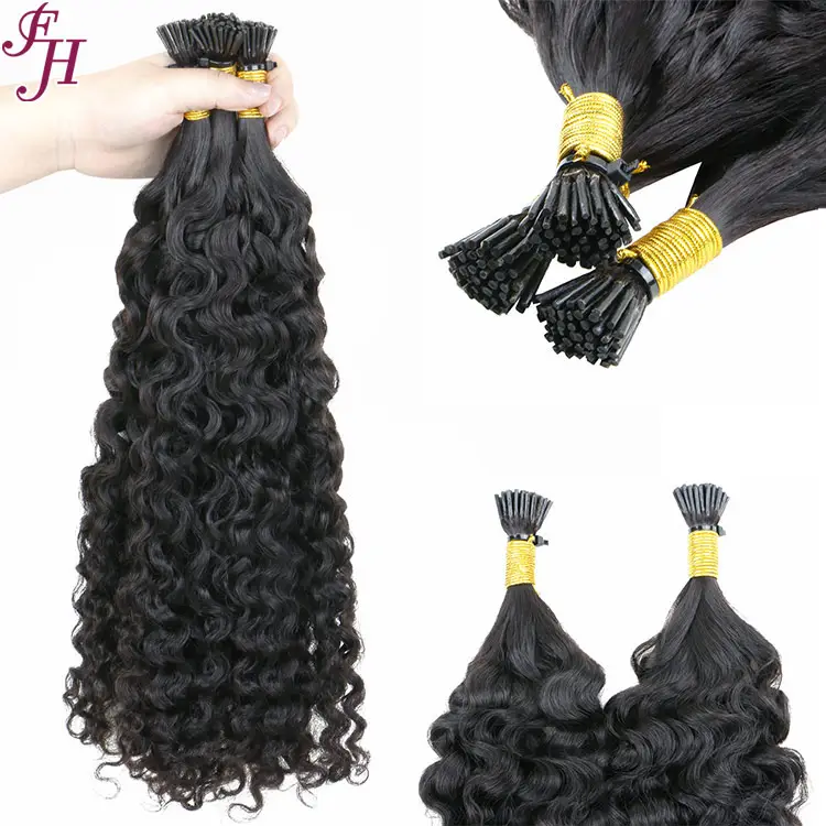 FH raw indian double drawn keratin bond i tip human hair 26 inch deep curly 10a i tip wavy human hair extensions