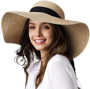 2021 여자 태양 밀짚 모자 넓은 테두리 UPF 50 여름 모자 접이식 롤업 플로피 비치 모자