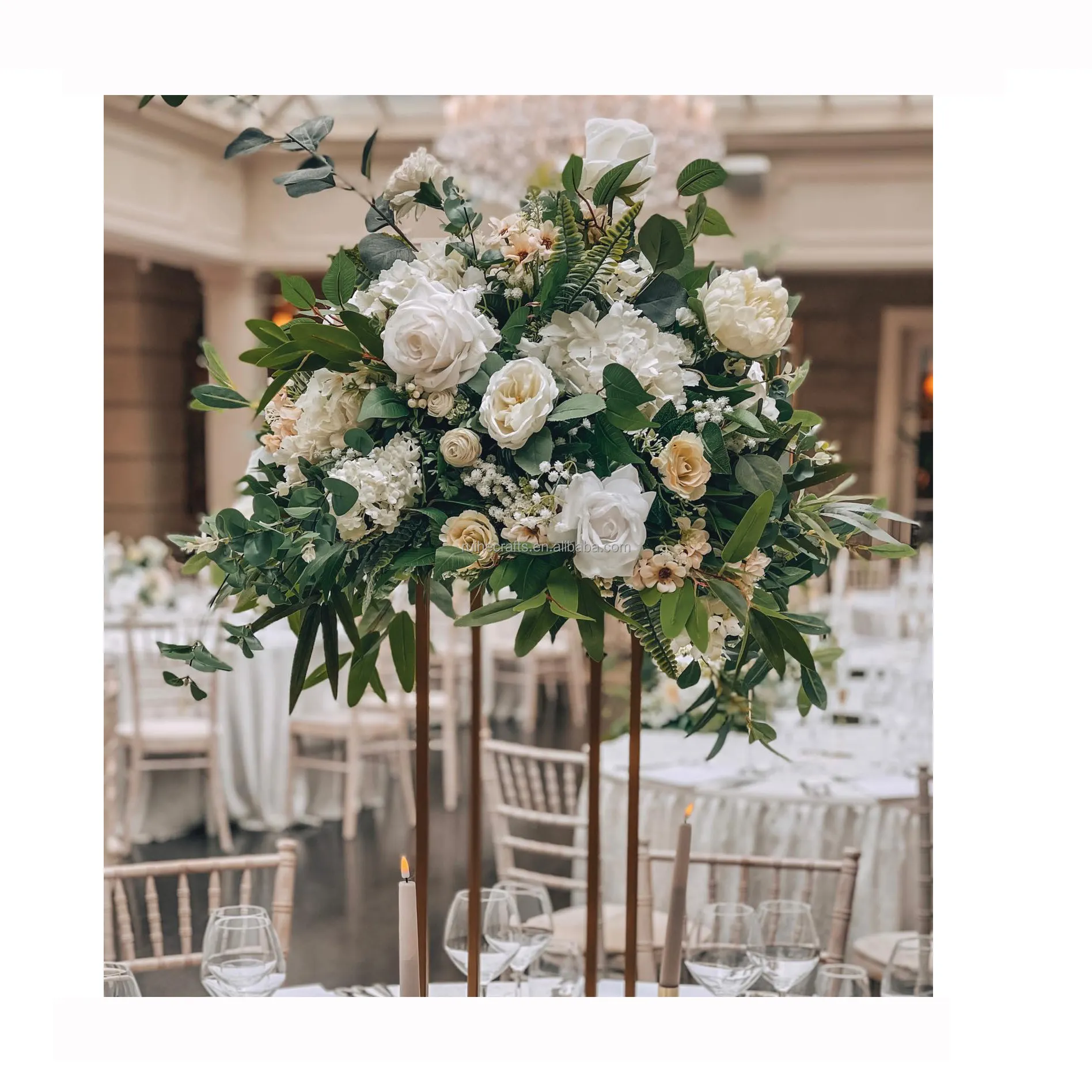 Düğün ipek beyaz gül ve yeşil çiçekler düzenlemeleri centerpiece yapay çiçek masa çiçek topu