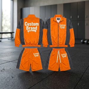 Ensemble de survêtement personnalisé orange et gris avec blocs de couleur, veste zippée à manches longues et short avec poches, style sportif pour adulte, collection printemps - Product Image 6