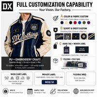 Blouson universitaire personnalisé bleu marine et crème en cuir PU végétalien avec patch tissé à motif script, col côtelé rayé, fermeture éclair intégrale pour fabricants OEM ODM de marques