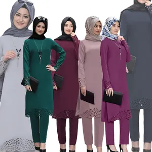 โมเดิร์นหรูหราผู้หญิง2เซ็ตชุด100% โพลีเอสเตอร์มุสลิมชุดธรรมดาลำลองอิสลามเสื้อผ้า