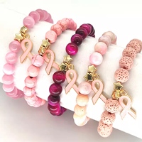 Perles en pierre naturelle œil de tigre rose or LC202503256 en gros, breloque ruban de sensibilisation au cancer du sein, bracelet extensible, cadeau