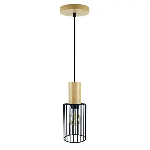 Lámpara colgante de madera para comedor, luz nórdica sencilla y moderna de Interior, con jaula de alambre, Universal, E27