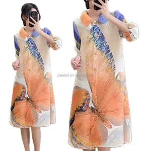 2023 קפלים מיאקי ארוך שמלת חולצה נשים טמפרמנט מודפס מעיל אופנה בגדים סיבתי בנות