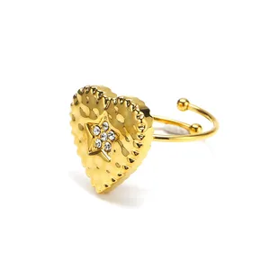 Anello Aperto Regolabile in Acciaio Inossidabile con Cuore <span class=keywords><strong>Martellato</strong></span> e Stella di Cristallo, Gioielli di Moda per Donne - Product Image 3