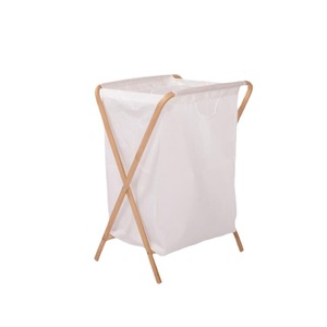 Stylish bamboo and fabric laundry <b>basket</b> for home use, suitable for bedroom and living room. <b>Foldable</b> and detachable. - Product Image 2
