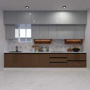 ห้องครัวสไตล์มินิมอลทันสมัยพร้อมตู้สีเขียว ชั้นวางของด้านบนทำจากไม้ และผนังกระเบื้องสีกลางๆ - Product Image 2