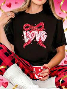 T-shirt da donna Sweet Daily con motivo a cuori per San Valentino, girocollo, casual, alla moda, primavera estate, taglie forti, 100% cotone jersey - Product Image 3