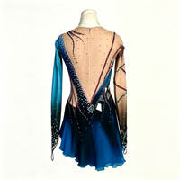 Robe de patinage artistique bleu roi avec strass, maille transparente, manches longues, dos en V profond, jupe, costume de compétition de danse sur glace