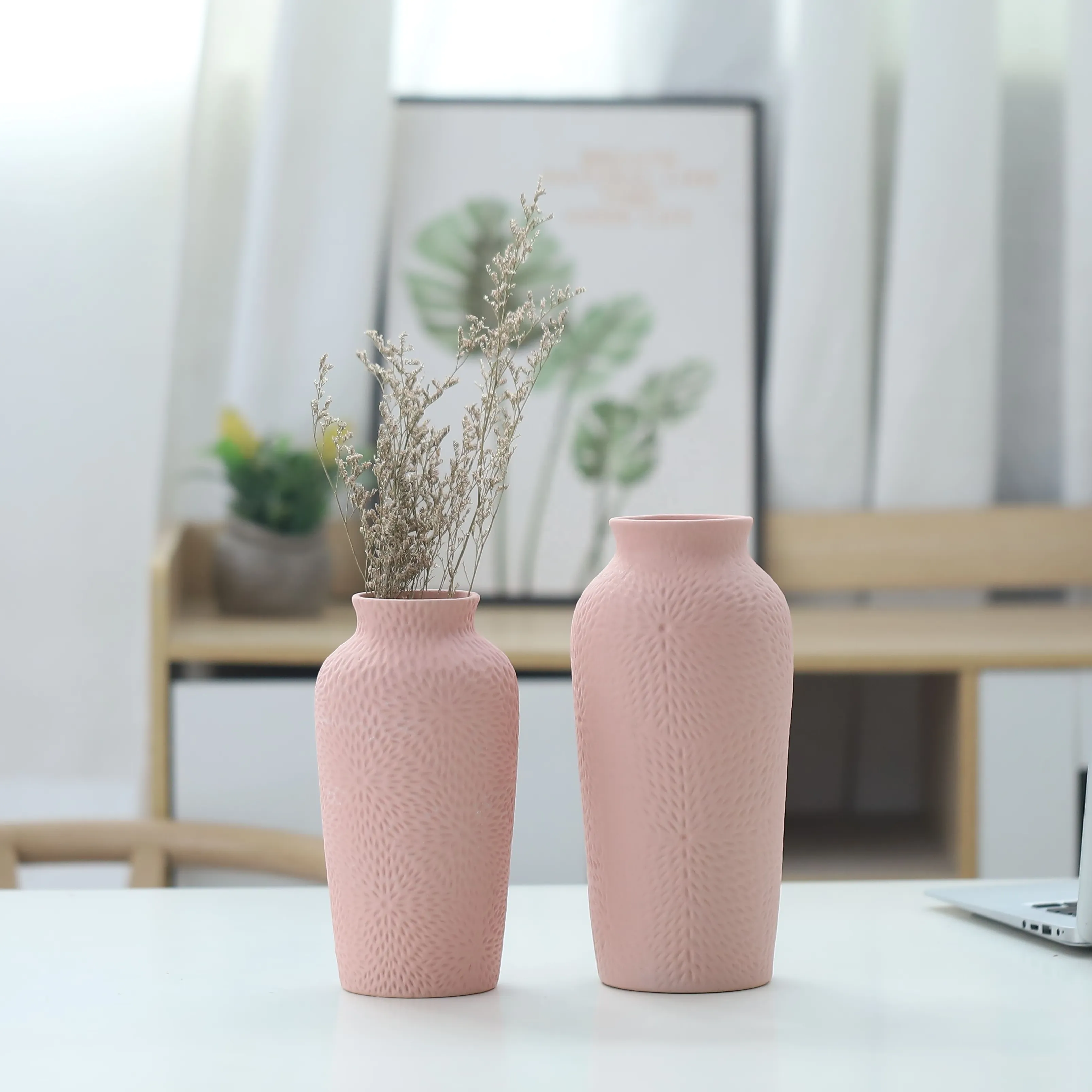10.25 Inch Modern Boho Design Pink Ceramic Porcelain Vase Large Home Decor Pampas Grass Flowers Mantel Table Glazed Matt
