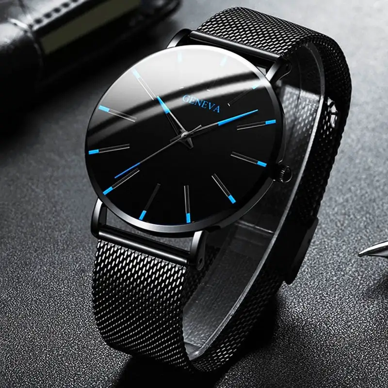 2024 Minimalist Men's Fashion Ultra Thin Watches Luxury Watch Simple Men Business Stainless Steel Mesh Belt Quartz Watch