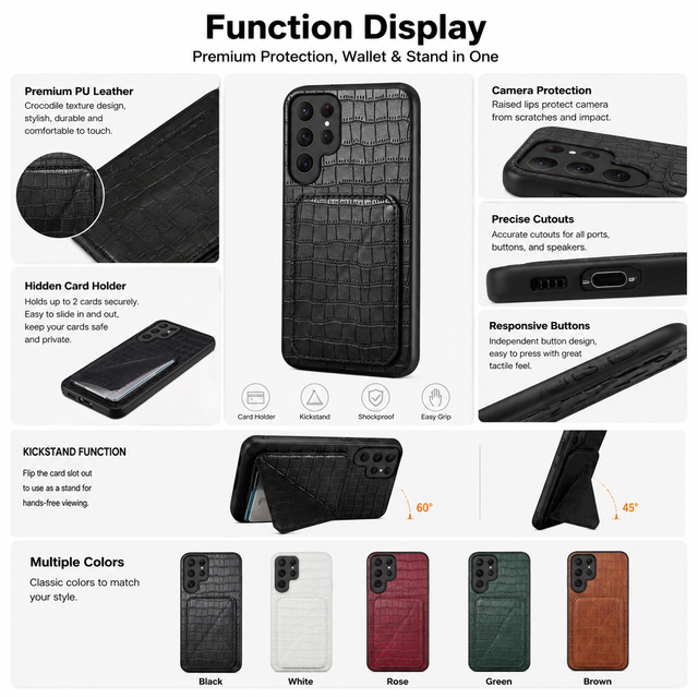 Denior Luxury PU Leather Shockproof Mobile Phone Case with Card Slot & Kickstand for S26/S25/S24/S23/A Series