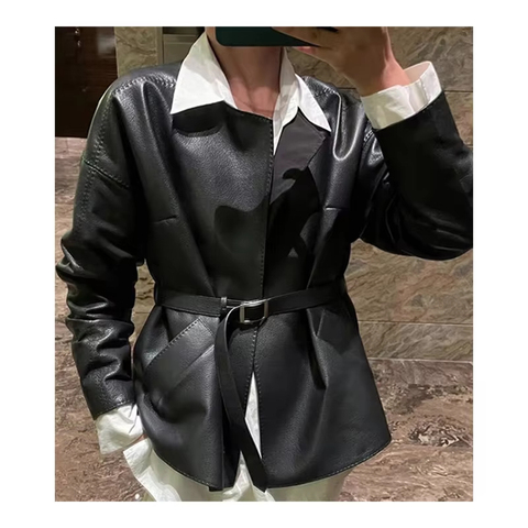 3108 High Quality Black Long Sleeves Stand Collar Women Real Leather Jacket With Belt
