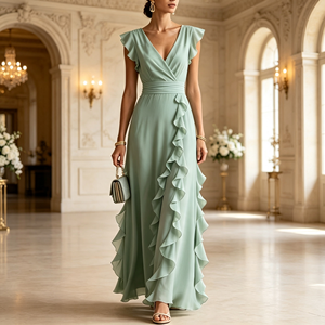 Vestido Maxi Elegante de Gasa para <span class=keywords><strong>Mujer</strong></span> 2026 - Vestido Formal Sofisticado con Cuello en V Fruncido, Manga Corta, Color Liso, Venta al por Mayor - Product Image 1