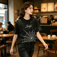 Camiseta de Punto con Estampado de Telaraña Sublimado con Efecto Ácido Vintage para Hombre y Mujer, 260G, 100% Algodón, Corte Regular, Estilo Urbano, Ecológica