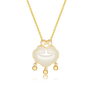Women's Longevity Lock Necklace Sand Gold White Jade Pendant Clavicle Chain Everyday Wear Geometric Design Bezel Setting - Product Image 5