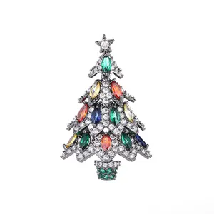 New Arrival OEM ODM Brass Colorful Zirconia Christmas Tree Design Brooches For Women