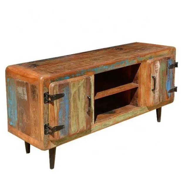 Porta TV industriale e vintage in legno massello di recupero antico indiano a 2 porte e vetrina con gambe in ferro
