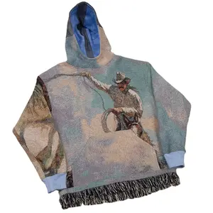 DiZNEW Kain Kualitas Tinggi Kaftan Maroko Belanja Online dengan Hoodie Vintage Karpet Biru Jacquard Rumbai Hoodie Khusus
