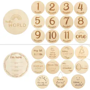 Tarjeta de hito mensual de madera personalizada para bebé, discos de grabado láser de doble cara de madera, tarjetas artesanales con bolsa con cordón