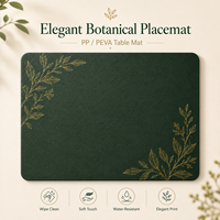 Napperon élégant en PP/PEVA vert foncé à motif de feuilles botaniques dorées, imperméable et résistant à l'huile pour table à manger