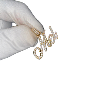 14K Solid Gold Cursive Initial Letter <b>Name</b> Pendant <b>Custom</b> Iced Charms <b>Necklace</b> Lab Grown Brilliant Cut Diamond Micro Pave - Product Image 2