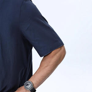 ثوب أزرق داكن بأكمام قصيرة مع جيب ملابس إسلامية للرجال روب أنيق متواضع طويل - Product Image 4