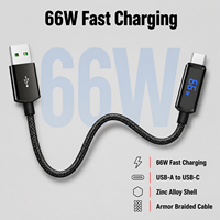 Câble USB-A vers USB-C à charge rapide 66W, coque en alliage de zinc, design avec affichage numérique, compatible avec ordinateur portable, moniteur, téléphone portable