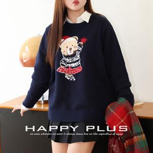 Pull pour femme grande taille Runqi avec motif d'ours brodé en jacquard, col rond, design de dessin animé N9040 1 - Product Image 2