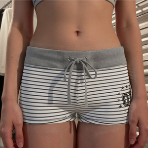 Vintage Letter Print Breathable Eco-Friendly Women's Casual Shorts Summer Low Rise <b>Drawstring</b> Striped Hot Pants - Product Image 4