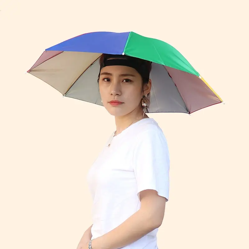 Commercio all'ingrosso cappello ombrello con 69cm di diametro grande usura della testa, arcobaleno pubblicità cappello ombrello per la pesca
