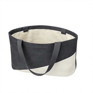 Custom Logo 100% Cotton Tote <b>Bag</b> <b>Long</b> Handle Zipper Closure Large Size Two-Tone Design Daily Use - Product Image 4