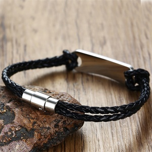 Mens <b>Leather</b> Magnet <b>Bracelets</b> Stainless Steel Custom Engraving Blank bar <b>Bracelet</b> - Product Image 6