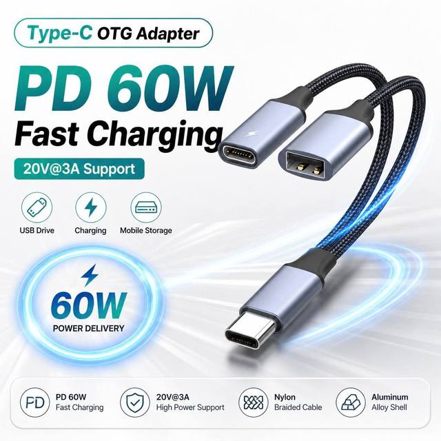Type C to USB OTG Adapter PD 60W Fast Charging 2-in-1 Braided Cable for Smartphone Tablet Laptop Connect Flash Drive Mouse