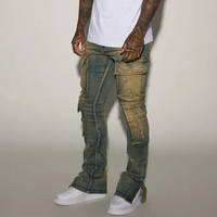 Jean cargo flare dégradé extensible 13oz pour homme, multi-poches, déchiré, boutonné, fendu à la cheville, style Y2K Street, collection 2026