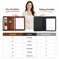 Portafolio de Cuero A4 con Cierre y Asa, Personalizable con Logotipo, con Anillas, Calculadora, Bolsa Organizadora de Documentos de Negocios de PU Encerado Premium