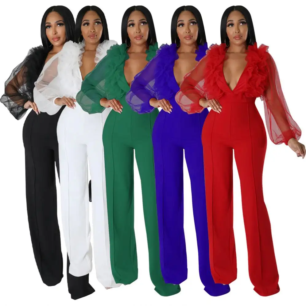 1 Piece Jumpsuit Amazon Popular Women Pants Mesh Lantern Sleeve V Neck Backless Jumpsuit