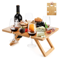 Table de pique-nique pliante moderne en bambou gravé avec support à vin intégré pour extérieur, camping et jardin