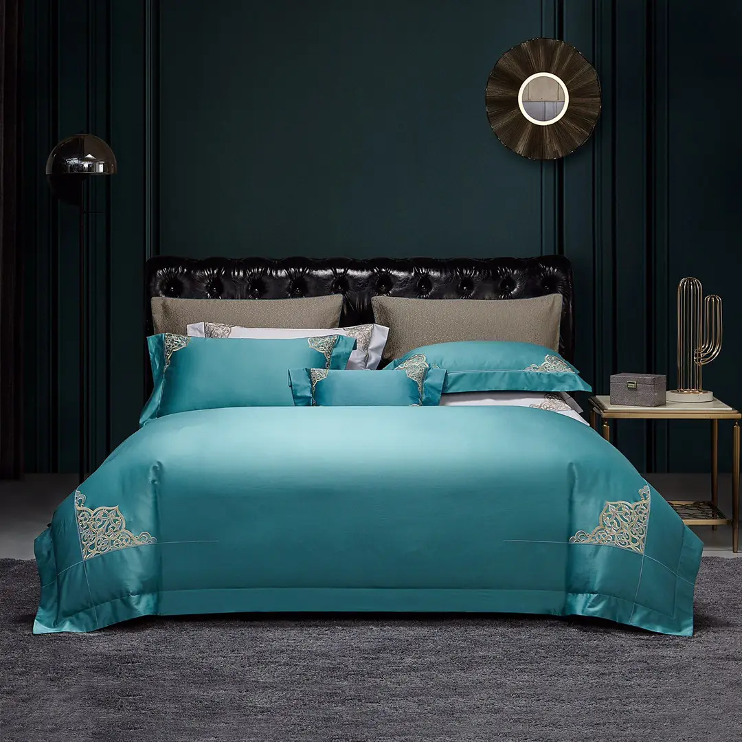 Funda nórdica verde king size de lujo 100% algodón bordado funda de almohada juegos de cama fabricante de textiles para el hogar