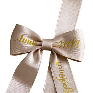 Custom Gold Foil Printed Satin <b>Ribbon</b> Bow With Personalized Text For Gift Packaging - Product Image 2