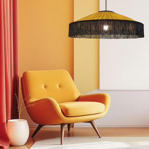 Tiffany soie sauvage Shantung in oro oliva, con frange nere, lampada a sospensione fatta a mano. - Product Image 1