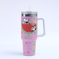 Gobelet isotherme 40 oz en acier inoxydable à double paroi avec poignée et paille, motif Snoopys, pour voiture, boissons froides et glace