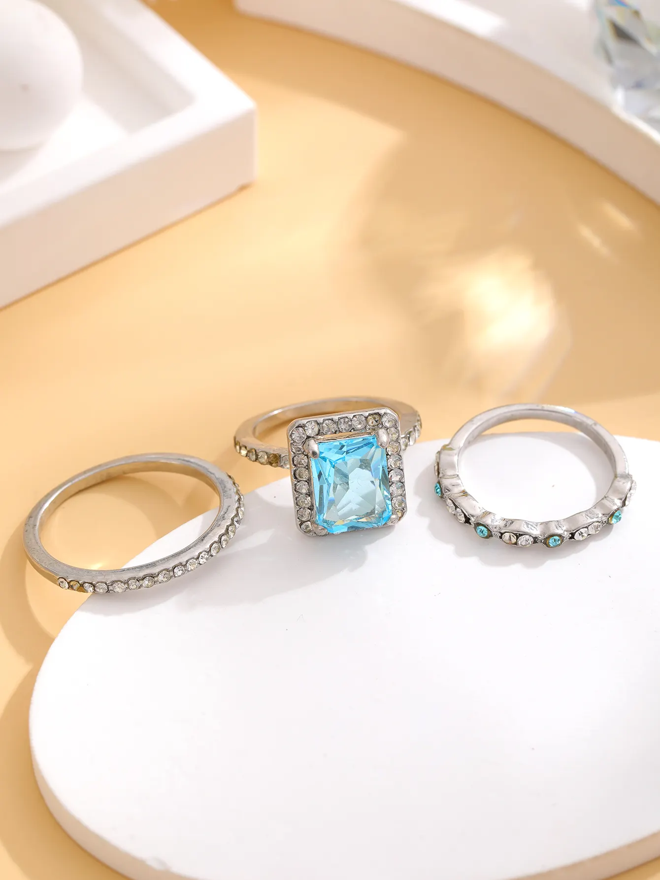 Jewelry European style square trend fashion wind zircon diamond heart of the ocean women set ring
