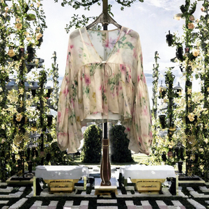 Blusa de Seda 100% con Estampado Floral, Cuello en V, Manga Farol, Camisa Holgada Tejida para Primavera/Verano, Mujer - Product Image 3