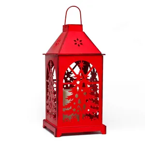 Lanterna de vela LED para árvore de Natal, lanterna de aço vermelha decorativa para casa e exterior, logotipo personalizado, pode ser aceita