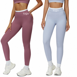 Leggings de yoga et de sport moulants, style européen et américain, avec étiquette personnalisée, taille haute, pour la course et le fitness, avec ceinture côtelée - Product Image 1